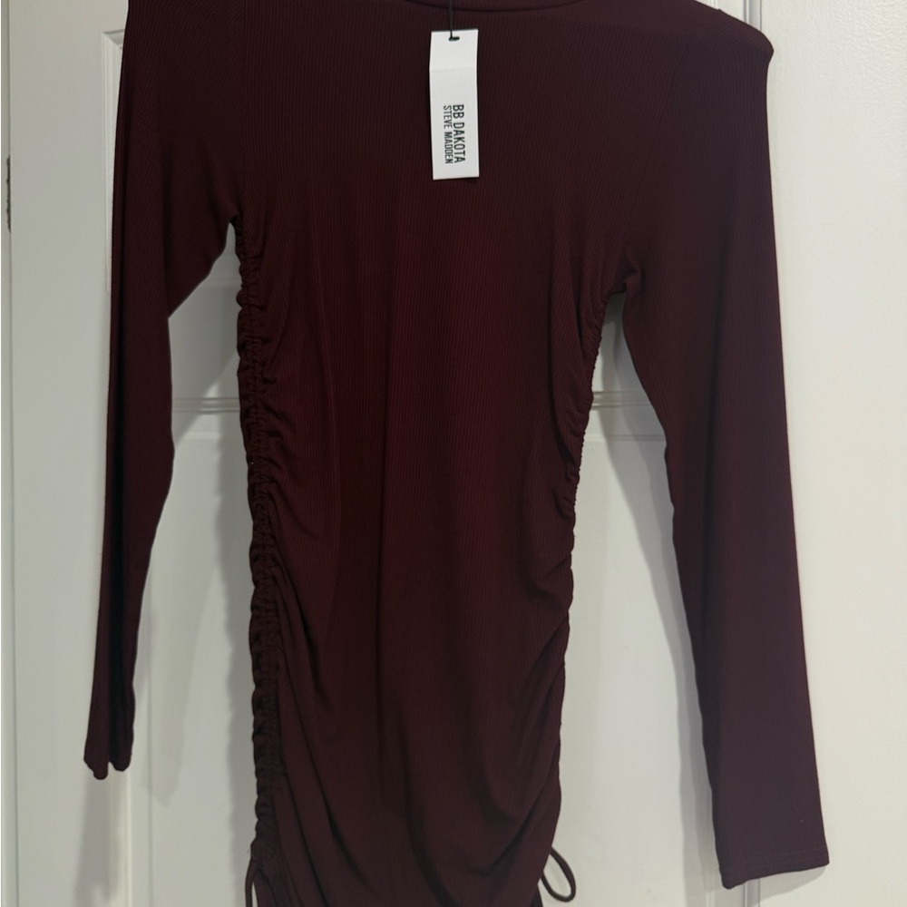 Steve Madden Maroon Ruched Long Sleeve Bodysuit